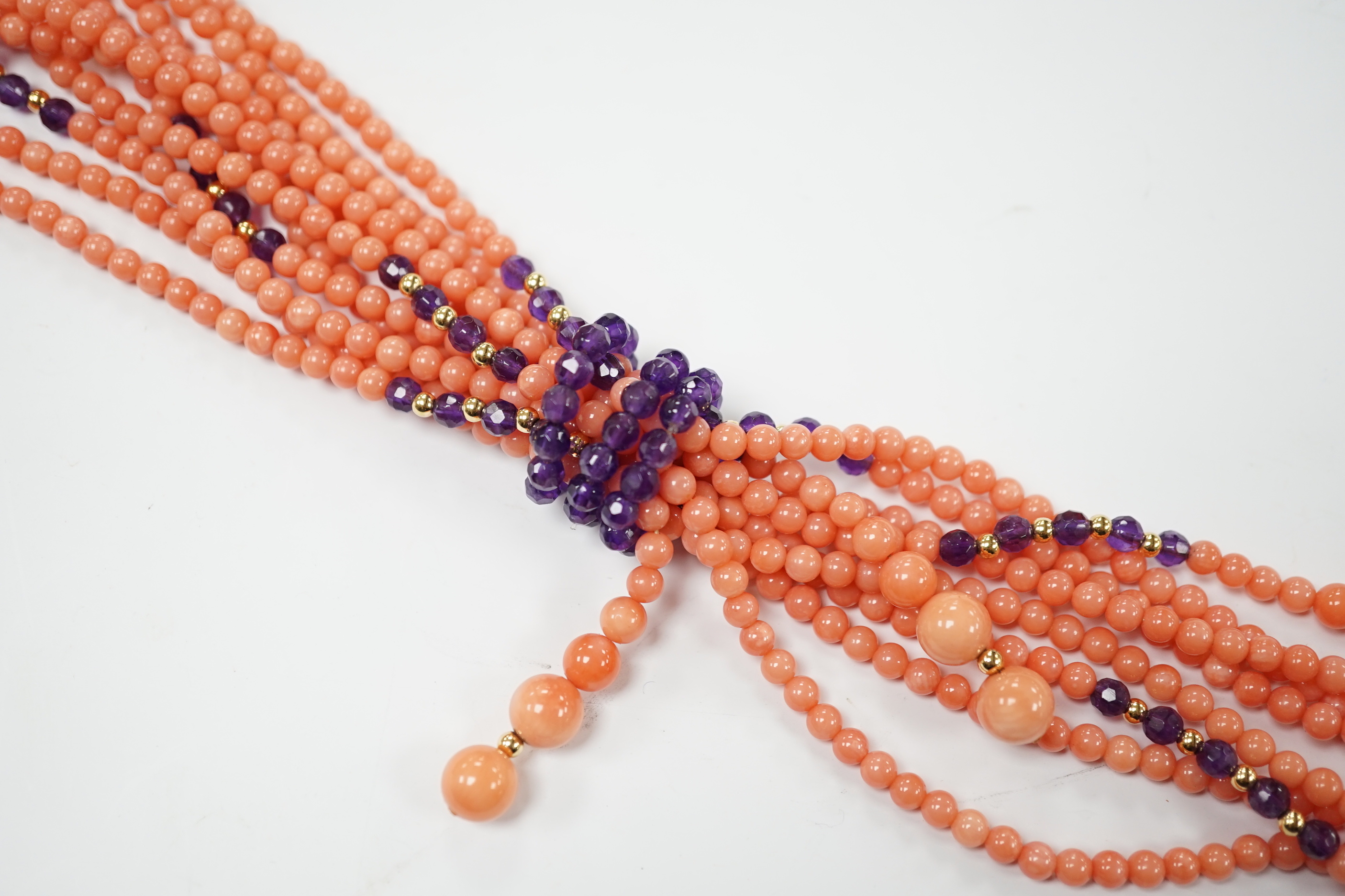 A coral, amethyst and gilt metal soutoir necklace